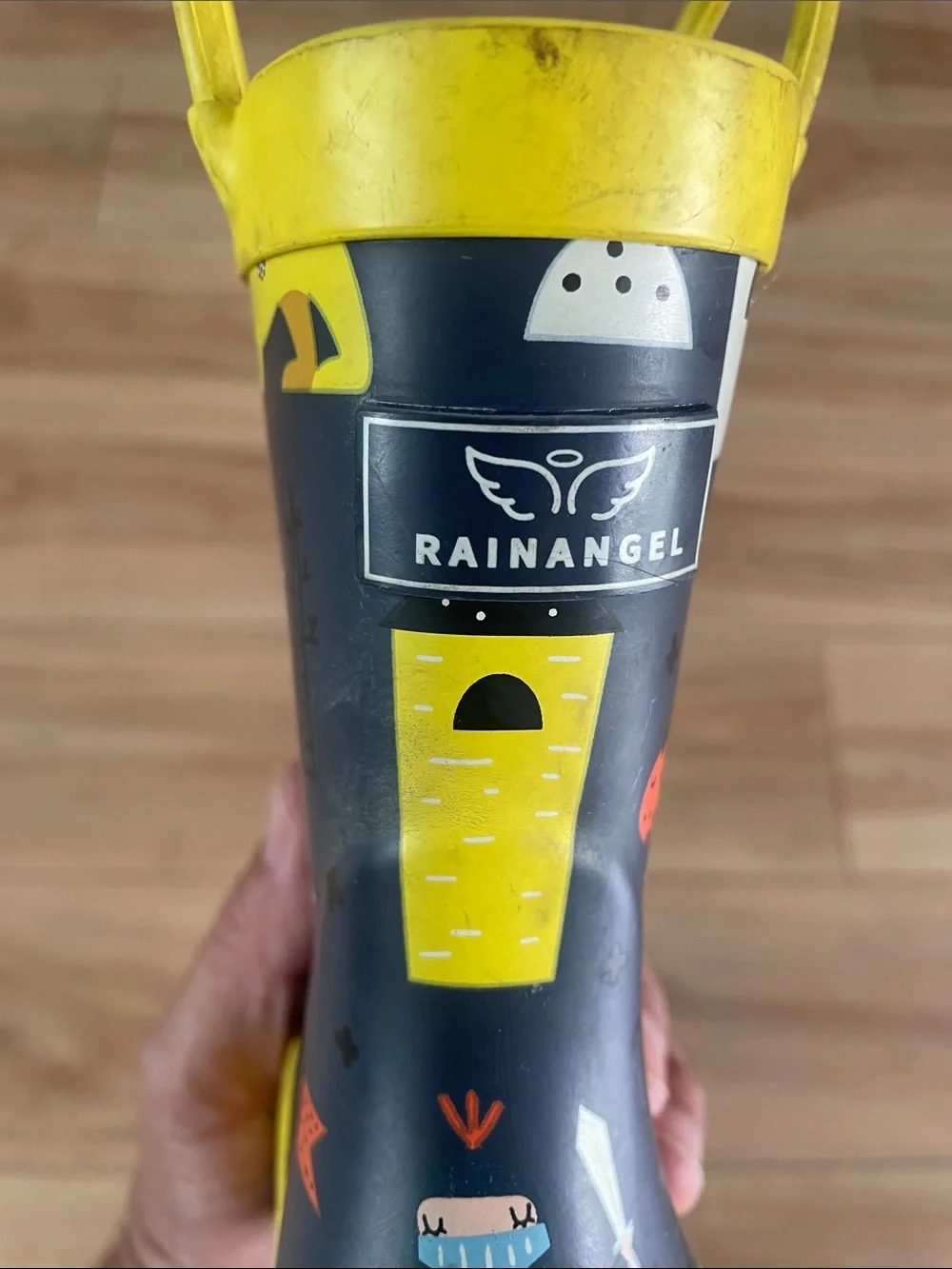 Kids Navy and Yellow Dinosaur Rain Boots with Easy Pull Handles